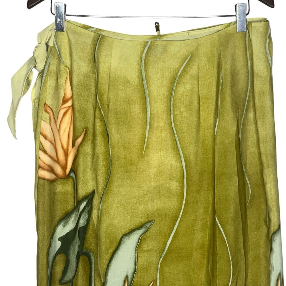 Taiga Paris Vintage Women's Size 12 Midi Tulip Wrap Skirt Side Tie Olive Floral - Picture 7 of 11